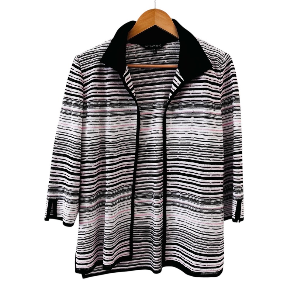 Ming Wang‎ Womens Striped Cardigan Sweater Size M Open Front 3/4 Sleeve Modest